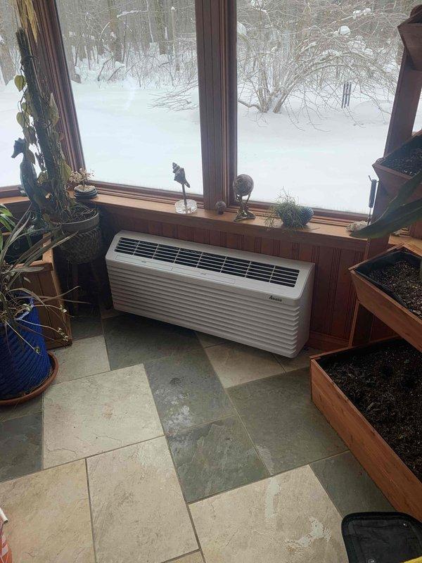 Returned to install new 15BTU PTAC unit sold by Sam K with maintenance plan. Unit has been ordered with ETA of 2 business days. Identified and diagnosed non-functioning zone in customer's HVAC system, which appeared to be related to control board wiring. Inspected existing PTAC installation location in sunroom and examined control panel circuitry to prepare for upcoming installation.