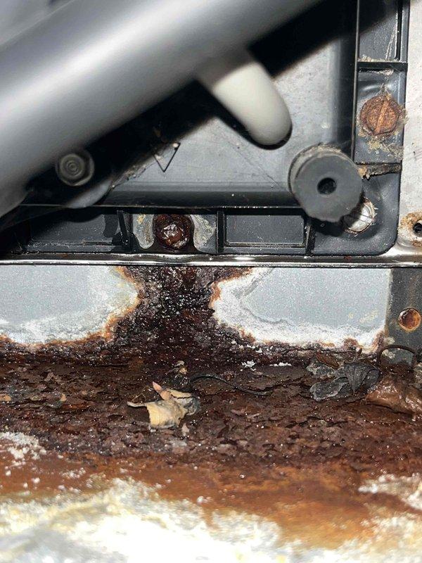 Inspected furnace system exhibiting loud humming noise from blower fan. Observed extensive rust, water damage, and corrosion on motor assembly and surrounding components. Documented severe oxidation on metal surfaces with standing moisture present, indicating prolonged exposure to water and potential imminent failure of blower motor in this 2008 unit.