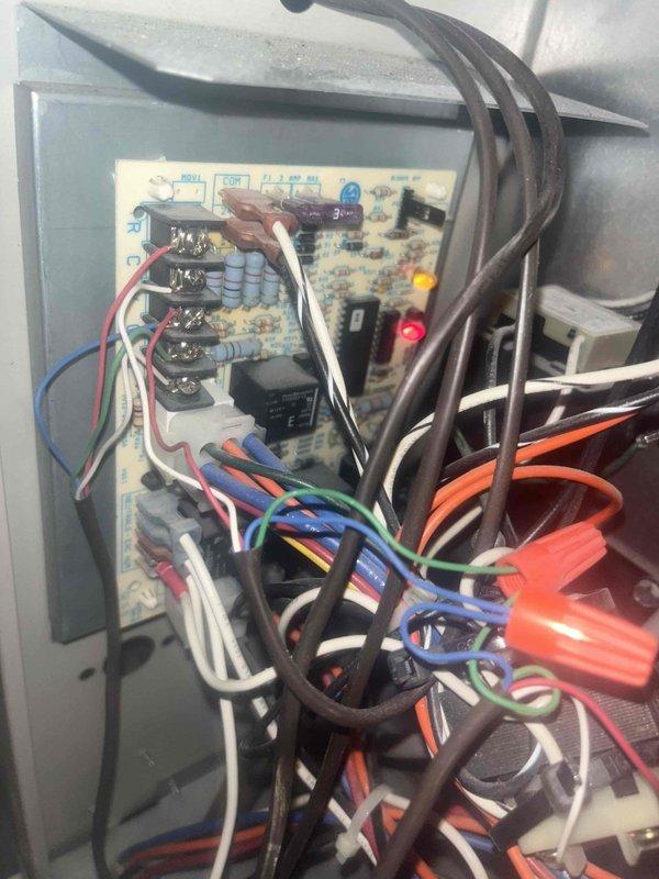 Responded to no-heat call for a furnace system showing short-cycling behavior. Diagnostic inspection revealed faulty circuit board with illuminated error LED. Replaced control board, verified proper wiring connections, and tested system operation. Unit now maintaining proper heating cycles with thermostat successfully reaching setpoint temperature of 68°F.