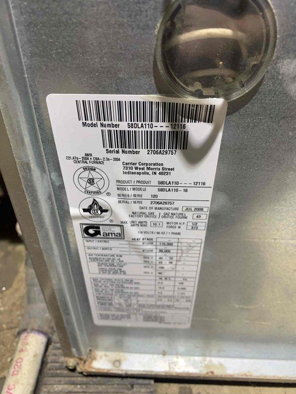 Responded to service call for two non-igniting furnaces. Inspection of Carrier model 58DLA110---12116 (manufactured July 2020) revealed severe corrosion and structural damage to the exhaust flue pipe. Replaced damaged flue components to restore proper venting and ensure safe operation of both units.