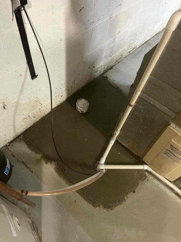 Returned to complete floor drain repair (option #2) as previously sold. Addressed standing water issue in basement utility area where water was pooling on concrete floor. Repaired compromised floor drain system to eliminate water accumulation that was causing visible mold/mildew growth and discoloration along the concrete block wall-floor junction.