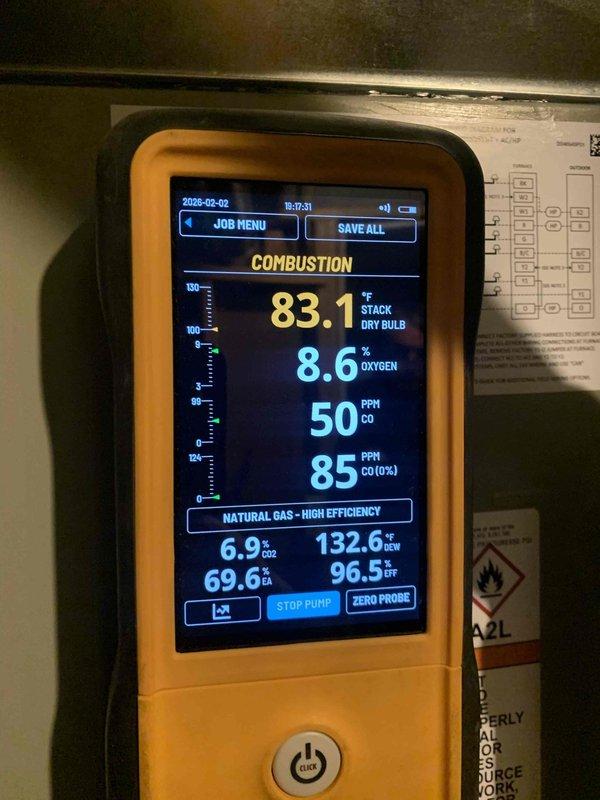 Responded to service call for non-functioning furnace and digital thermostat. Diagnostics revealed error code E12 on the control board, indicating system fault. Performed combustion analysis showing CO levels at 50 PPM and oxygen at 8.6%, confirming improper combustion. Repaired wiring connections to control board and reset system, restoring normal heating operation and thermostat functionality.