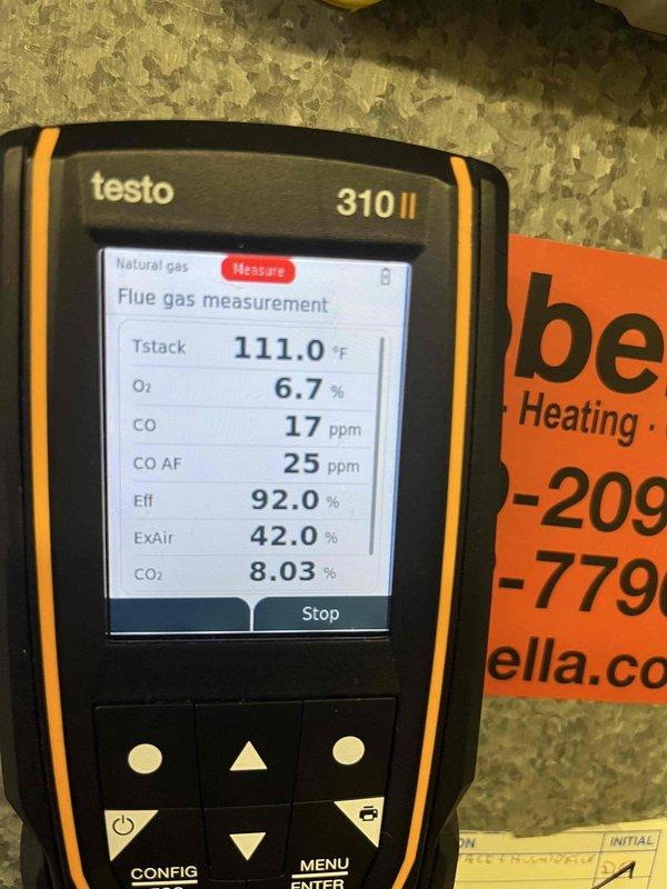 Performed routine furnace maintenance service. Conducted combustion analysis using Testo 310 II analyzer, confirming proper operation with 92.0% efficiency, appropriate CO levels (17 ppm), and good fuel-air mixture (CO2 at 8.03%). System operating within manufacturer specifications.