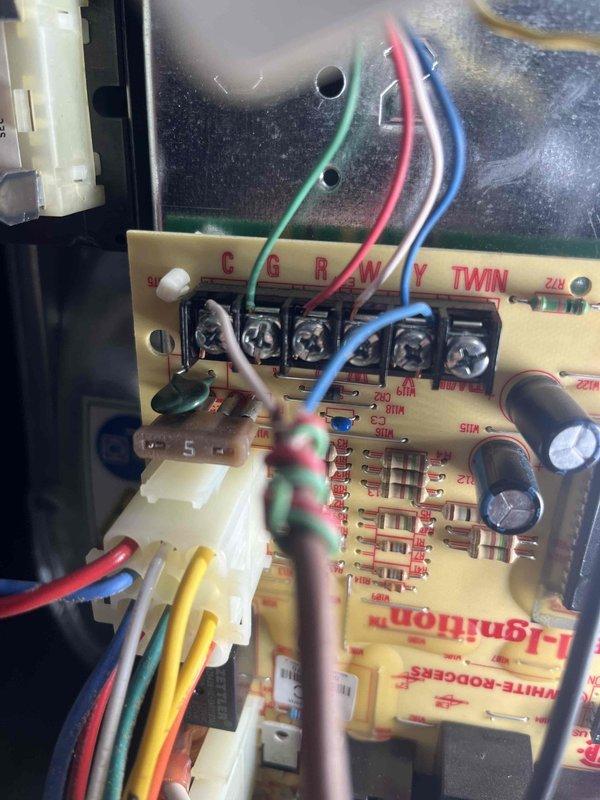 Returned to job site to complete control board replacement as sold by Jeff. Successfully removed defective White-Rodgers Intell-Ignition control board and installed new replacement unit. Properly reconnected all terminal wiring (C, G, R, W, Y) according to manufacturer specifications and verified system operation after installation.