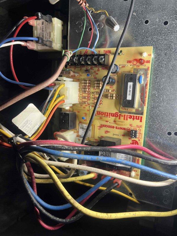 Returned to job site to complete control board replacement as sold by Jeff. Successfully removed defective White-Rodgers Intell-Ignition control board and installed new replacement unit. Properly reconnected all terminal wiring (C, G, R, W, Y) according to manufacturer specifications and verified system operation after installation.