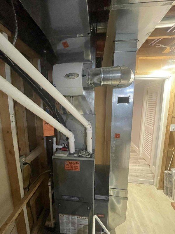 Completed relocation of humidistat as previously sold. Inspected HVAC system connections and verified proper installation of control components. Confirmed condensate drainage system functioning correctly with no visible leaks or obstructions.