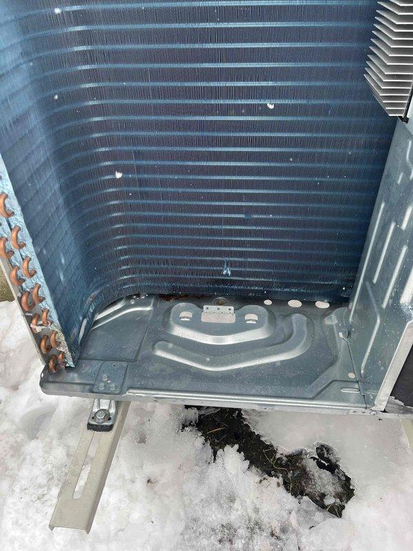 Completed installation of pan heater on HVAC system to address severe ice accumulation in condenser. Removed existing ice buildup from cooling coils and fan assembly. Service was part of repair previously sold by Sam.