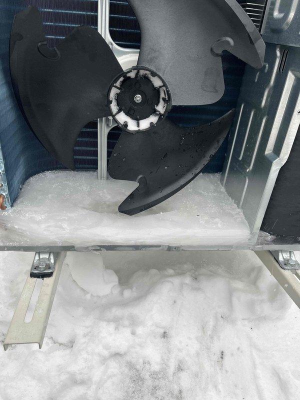 Completed installation of pan heater on HVAC system to address severe ice accumulation in condenser. Removed existing ice buildup from cooling coils and fan assembly. Service was part of repair previously sold by Sam.
