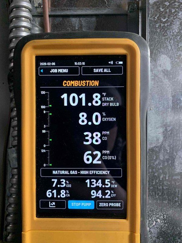 Diagnosed no-heat issue on 2019 Goodman furnace with blinking error code. Performed combustion analysis showing CO readings of 38 PPM and inspected control board wiring. Restored system operation by correcting electrical connections and verified proper combustion parameters for safe operation.
