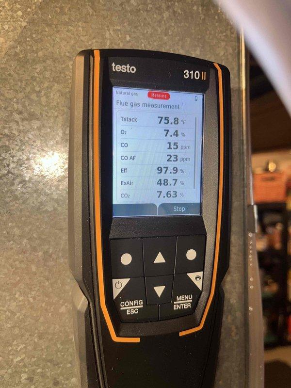 Performed heating maintenance on air handler unit under membership plan. Conducted combustion analysis with Testo 310 II showing excellent efficiency (97.9%) with acceptable CO levels (15 ppm) and proper air/fuel ratio. Inspected and verified filter condition with proper installation.