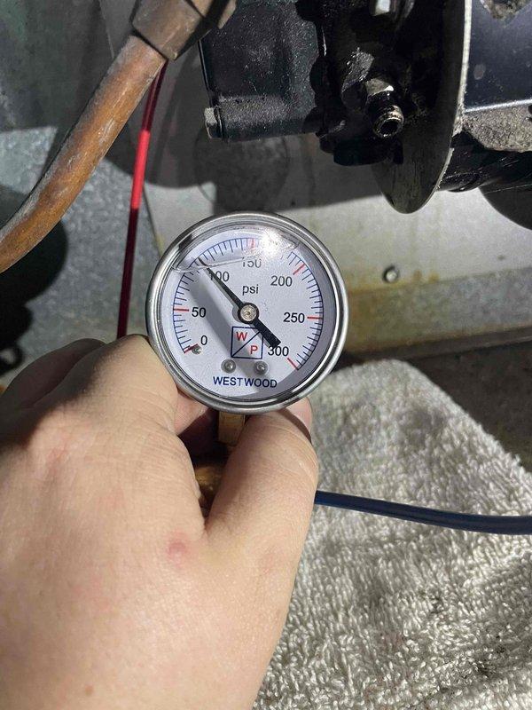 Responded to oil furnace service call where customer reported premature depletion of fuel. Performed diagnostic inspection of system components and pressure testing. Gauge readings indicated system operating at approximately 150-160 PSI, which is within normal range. Inspected manual shut-off valve and associated copper piping for potential leaks. No evidence of oil leakage detected; system functioning as designed.