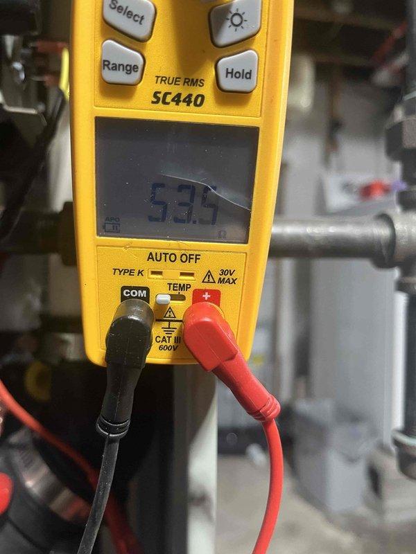 Performed heating maintenance on air handler for club member. Conducted electrical diagnostic testing using Fieldpiece SC440 multimeter, measuring voltage (0.1V) and amperage (0.45A) to verify proper electrical operation of the system. All readings within normal parameters.