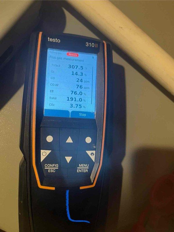Completed installation of a complete HVAC system as per approved application #2604002068. System startup testing performed using Testo 310 II analyzer showing proper combustion parameters (CO2 at 3.75%, efficiency at 76.0%). Installed and verified proper electrical connections including replacement of 20A 250V fuses and confirmed level installation of all components.