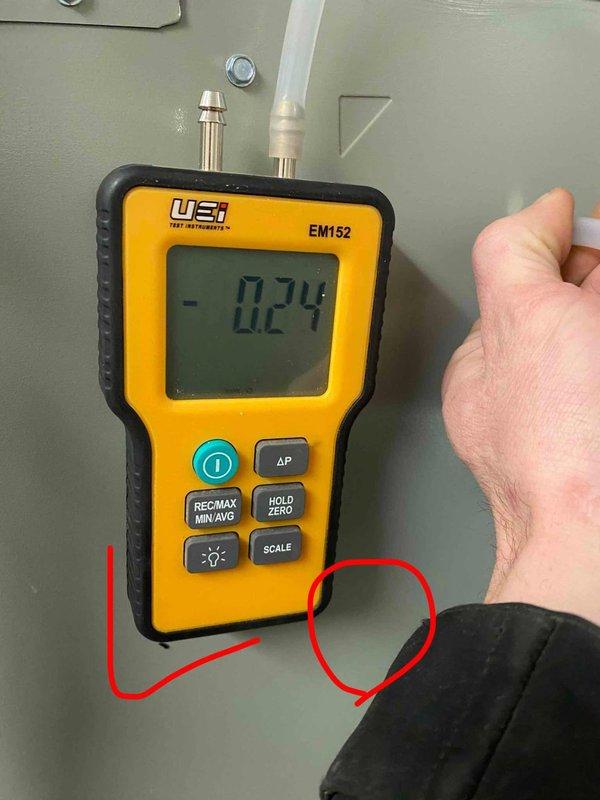 Returned to complete system installation previously sold. Performed pressure testing using UEi EM152 test instrument, with readings of -0.24 and 32.5 documented. Completed all necessary measurements and system diagnostics to ensure proper installation and functionality of the new HVAC system.