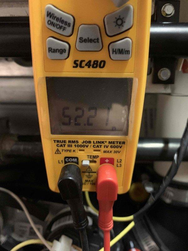 Performed heating maintenance on air handler unit per membership agreement. Conducted electrical testing using SC480 digital multimeter to verify proper voltage readings of 52.2V and amperage measurements of 0.30A. All components operating within manufacturer specifications.