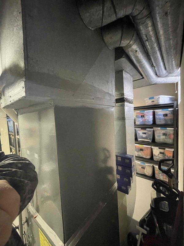 Completed installation of fan-powered humidifier system as previously sold. Installation included proper integration with existing HVAC ductwork and electrical connections in the utility area. Work was completed with all components properly sealed and secured.