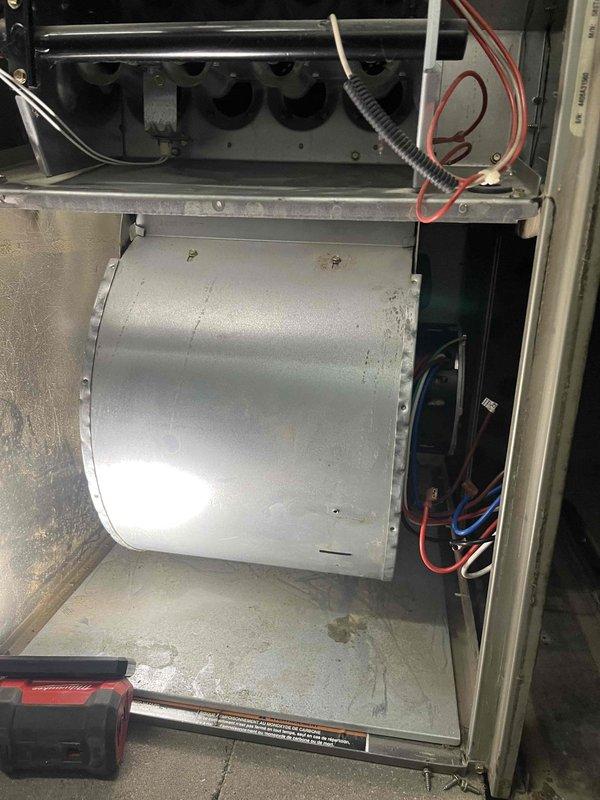 Returned to complete scheduled repair work to replace blower motor in HVAC unit. Accessed interior components, disconnected wiring, and removed existing motor using appropriate hand tools. Replacement motor was not available on-site; part has been ordered from RSC with expected arrival on 2/12. Customer was enrolled in maintenance plan during this service call.