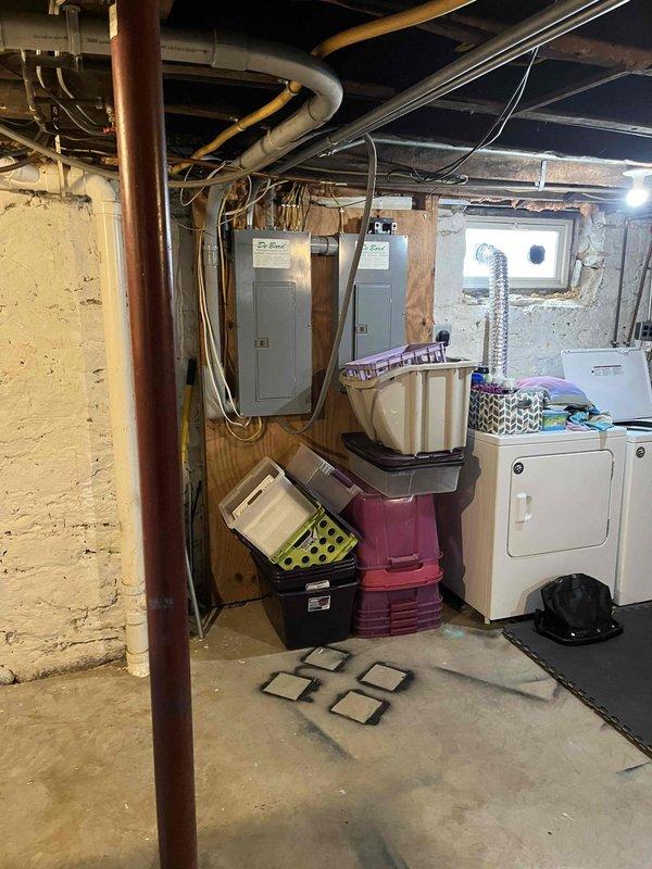 Inspected main sewer line with camera and confirmed root intrusion 10-35 feet from house access point. Documented existing basement plumbing configuration with visible PVC and copper piping infrastructure. Customer advised of needed line repair and has received previous estimate from another service provider.