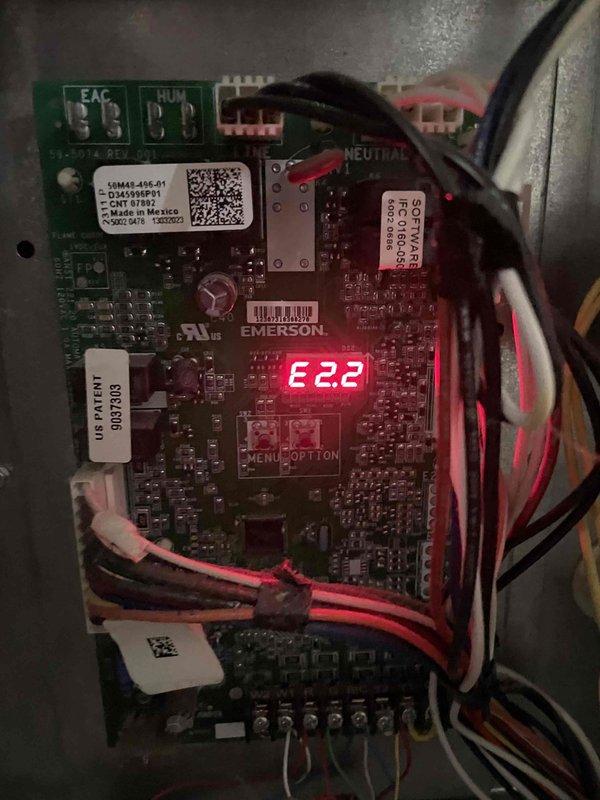 Diagnosed furnace ignition failure due to E22 error code on Emerson control board. Performed electrical testing with Fieldpiece multimeter on board components and wiring connections. Resolved issue and verified proper furnace operation through complete heating cycle test.