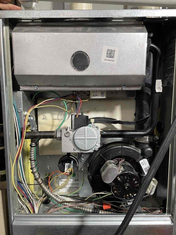 Performed follow-up service for heat exchanger warranty replacement as previously sold. Inspected unit interior components including blower assembly, electrical connections, and ventilation system. Verified heat exchanger replacement is needed and confirmed materials are ordered with 2-3 week delivery timeframe.