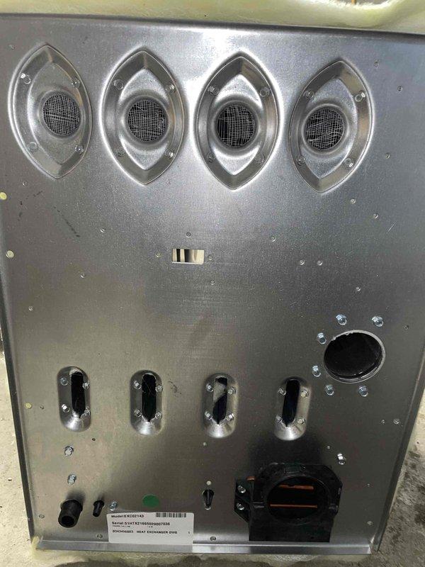 Performed follow-up service for heat exchanger warranty replacement as previously sold. Inspected unit interior components including blower assembly, electrical connections, and ventilation system. Verified heat exchanger replacement is needed and confirmed materials are ordered with 2-3 week delivery timeframe.