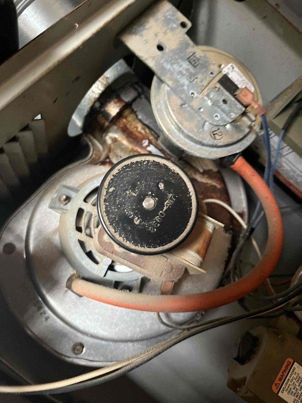 Performed diagnostic service on aging furnace with reported loud exhaust fan. Inspection of the unit, installed in wooden compartment, revealed worn blower motor assembly and pressure switch mechanism requiring attention. Service included cleaning components, lubricating motor bearings, and adjusting pressure switch connections to resolve noise issue and restore proper heating function.