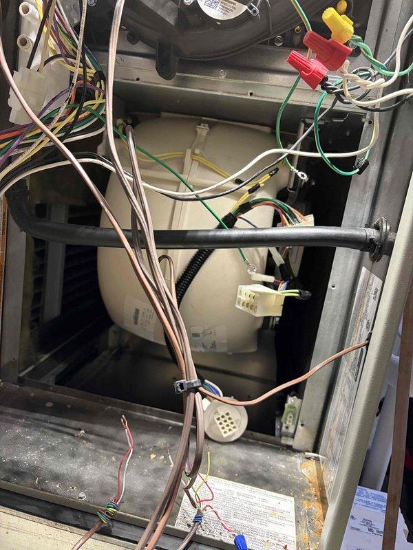 Returned to replace warranty blower motor in HVAC system. Documented electrical connections and component configuration with photos prior to removal. New motor has been ordered through supplier with delivery expected tomorrow; customer was instructed to return the three space heaters upon completion of repair.