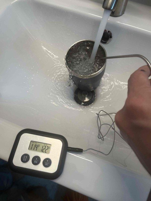 Returned to install previously sold shower cartridge replacement. Conducted temperature testing of existing water flow and inspected valve assembly. Material is on order with installation to follow once parts arrive, estimated at 2 hours labor for completion.