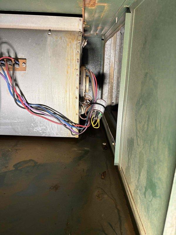 Responded to customer complaint of furnace humming without ignition. Inspection revealed significant corrosion and rust throughout the electrical enclosure and blower assembly. Multiple electrical wires showed signs of moisture damage, and the fan housing exhibited extensive oxidation, indicating prolonged water exposure affecting operational components.