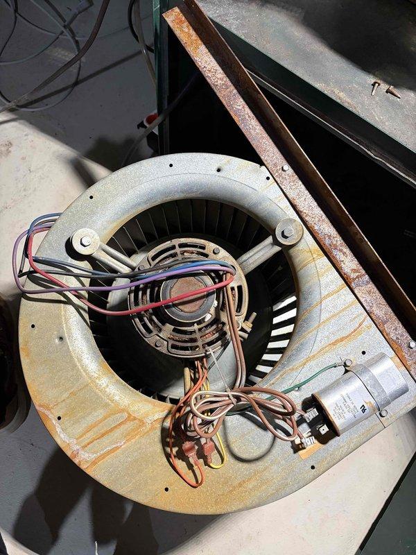 Responded to customer complaint of furnace humming without ignition. Inspection revealed significant corrosion and rust throughout the electrical enclosure and blower assembly. Multiple electrical wires showed signs of moisture damage, and the fan housing exhibited extensive oxidation, indicating prolonged water exposure affecting operational components.