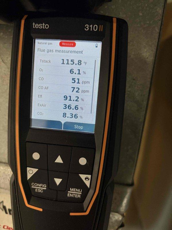Responded to no heat complaint and performed combustion analysis on heating system using Testo 310 II analyzer, which showed acceptable efficiency at 91.2% but detected carbon monoxide levels at 51 ppm. Inspected electrical components and relay connections, testing all wiring to ensure proper operation and safety.