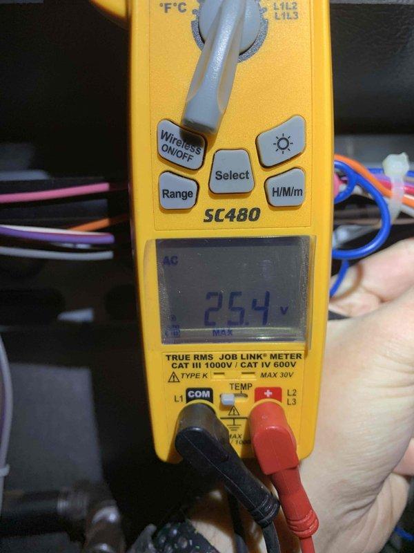 Diagnosed Amana furnace displaying E2 code and no heat production. Inspection revealed voltage issues at 25.4V as confirmed with SC480 multimeter. Replaced faulty control board and verified proper operation of all electrical components, restoring normal heating function.