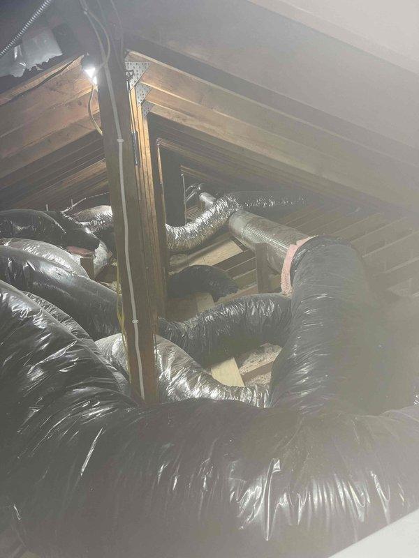 Returned to install condensate pump previously sold. Inspected HVAC ductwork in attic space confirming proper installation of flexible ducts with black insulation. Accessed crawlspace to install pump, verified connection to existing PVC drainage line running through floor joists, and confirmed proper operation with vapor barrier intact.