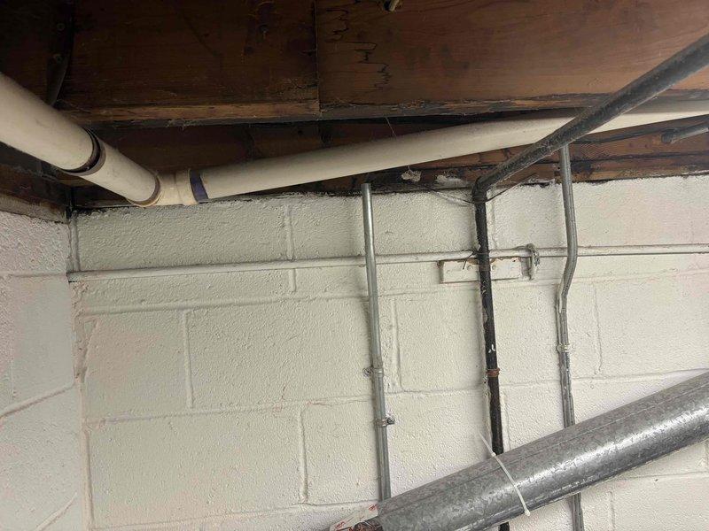 Conducted routine plumbing maintenance visit on water heating system featuring a Lochinvar unit with proper ventilation and expansion tank. Inspected basement piping infrastructure, noting wooden joists with some wear and multiple properly mounted supply lines. Customer requested quote for outdoor drainage issue to address before future property sale; will provide separate proposal for this concern.