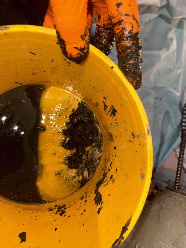 Cleared severe bathroom sink clog by removing P-trap and extracting significant buildup of dark sludge. Disassembled drain assembly, collected waste material in containment vessel, then reassembled plumbing components and verified proper drainage function.