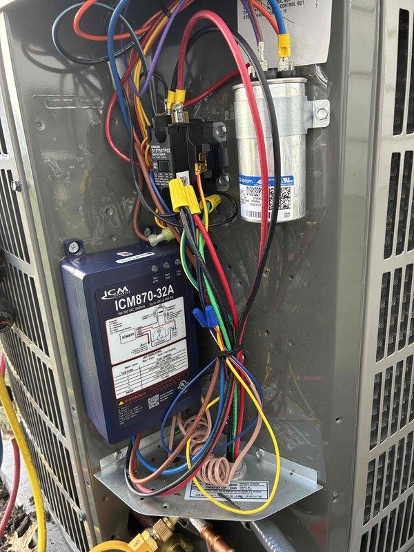 Successfully installed complete HVAC system with ICM870-32A control module, ensuring proper wiring connections to all components according to manufacturer specifications. Mounted electrical disconnect box on exterior wall with appropriate conduit connection, and verified system operation after installation.