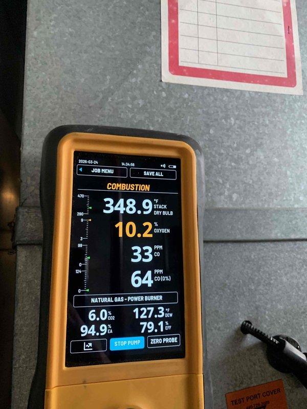 Responded to service call for furnace not heating to setpoint temperature and blower fan not operating properly in automatic mode. Performed comprehensive diagnostic testing using combustion analyzer and electrical meter. Combustion analysis revealed stack temperature of 348.9°F, oxygen level of 10.2%, carbon monoxide at 33 PPM, and acceptable efficiency readings for natural gas operation. Verified electrical parameters and system operation. Identified issue with thermostat fan control preventing automatic blower cycling. Customer advised to run fan continuously as temporary measure until proper thermostat operation restored. System tested and left operational with customer instructions provided.