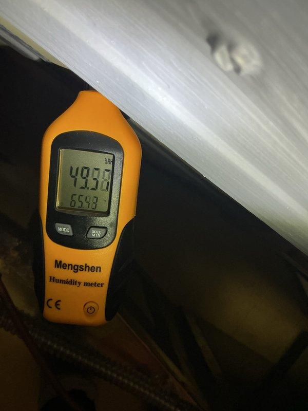 Completed cooling maintenance club visit including routine system inspection and diagnostics. Repaired humidifier water line connection and cleared clogged condensate drain line to restore proper drainage. Verified system humidity levels using digital meter, replaced air filter, and confirmed all components operating within normal parameters.