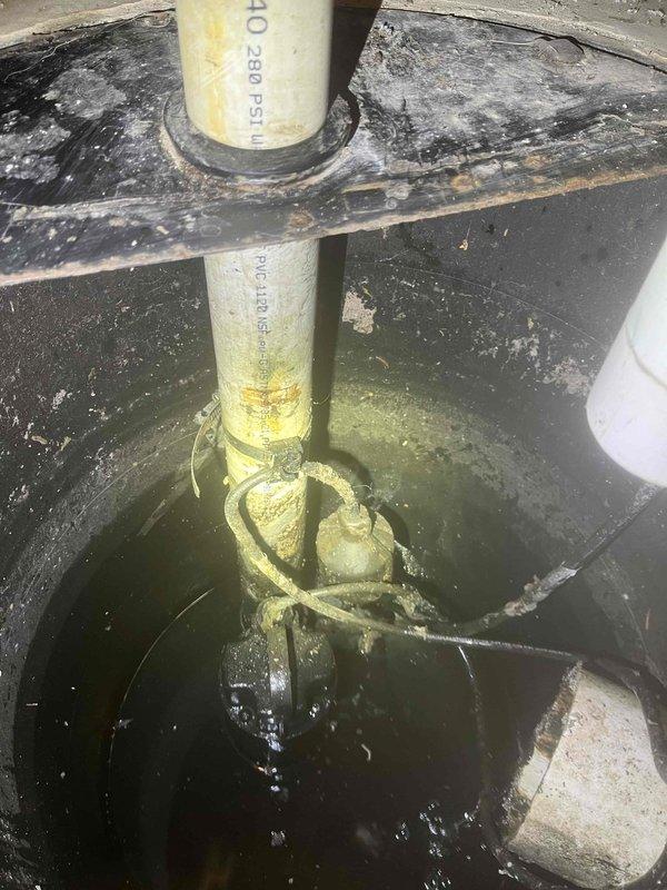 Conducted warranty inspection on sewage ejector pump system installed in June 2023. Upon inspection, discovered significant deterioration of internal components with evidence of corrosion and material breakdown. Documented condition of pump assembly, discharge piping, and basin, noting algae growth in standing water and compromised mechanical components requiring attention under warranty coverage.