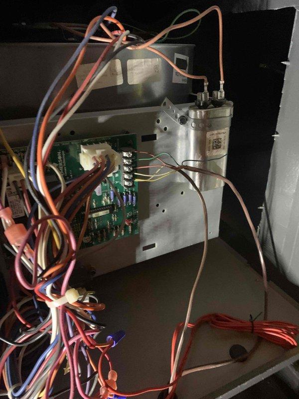 Responded to service call for intermittent heating issue on 9-year-old furnace system experiencing inconsistent air temperature output. Performed diagnostic testing using digital multimeter to assess electrical components, control board functionality, and capacitor performance. Completed comprehensive system tune-up including inspection of wiring connections, circuit board terminals, and all electrical components within the unit to restore consistent heating operation.