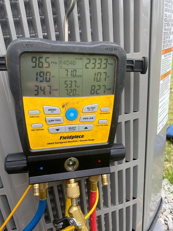 Completed seasonal cooling system startup and maintenance for club member. Performed comprehensive system diagnostics using digital manifold gauges, recording refrigerant pressures and temperatures across the system. All measured values were within normal operating parameters. Verified proper refrigerant charge levels, checked system superheat and subcooling, and confirmed unit is operating efficiently and ready for the cooling season.