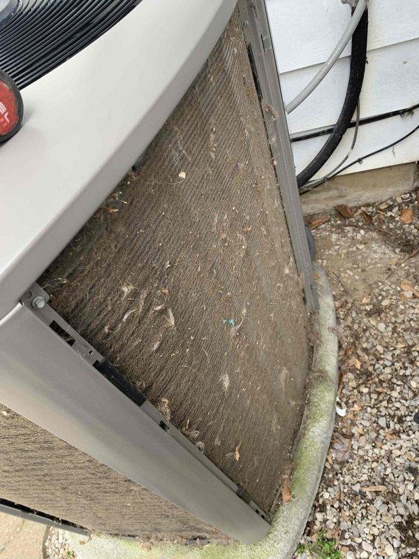 # HVAC Maintenance - Club Visit

Completed routine cooling maintenance on outdoor air conditioning unit. Upon inspection, found condenser coil heavily soiled with significant accumulation of dirt, debris, and organic matter including leaves and outdoor contaminants. The buildup indicated extended period without maintenance service. Documented equipment condition with photographs showing debris-laden coil and overall unit status.

Performed electrical diagnostics using digital multimeter, recording voltage reading of 77.54 VAC to verify proper power supply to unit. Discussed equipment startup kit options for air handler with member as requested. Unit exterior showed normal weathering consistent with outdoor installation, with minor algae growth visible on lower frame sections. Refrigerant lines and electrical connections inspected and found secure against building siding.
