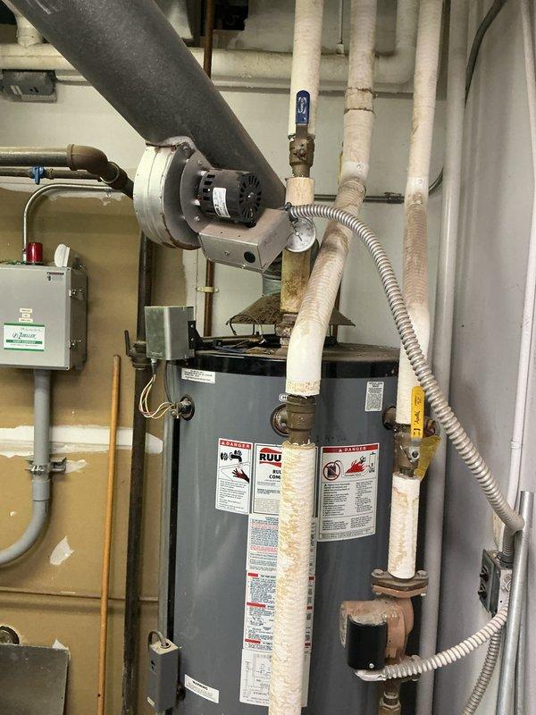 Provided estimate for installation of customer-supplied 100-gallon gas water heater in commercial mechanical room. Customer will handle removal of existing water heater unit prior to installation, with work to follow previously submitted estimate for the facility.