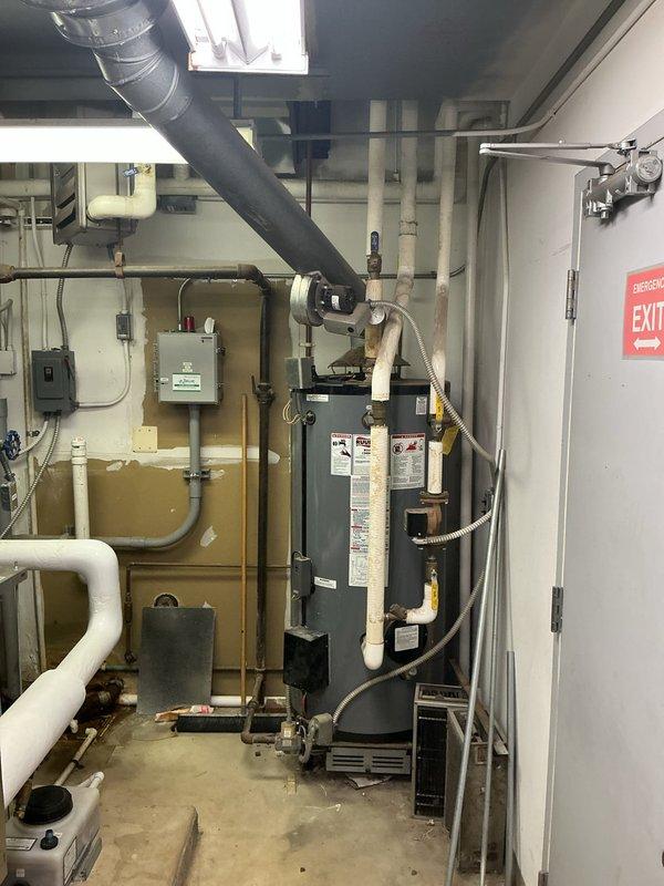 Provided estimate for installation of customer-supplied 100-gallon gas water heater in commercial mechanical room. Customer will handle removal of existing water heater unit prior to installation, with work to follow previously submitted estimate for the facility.