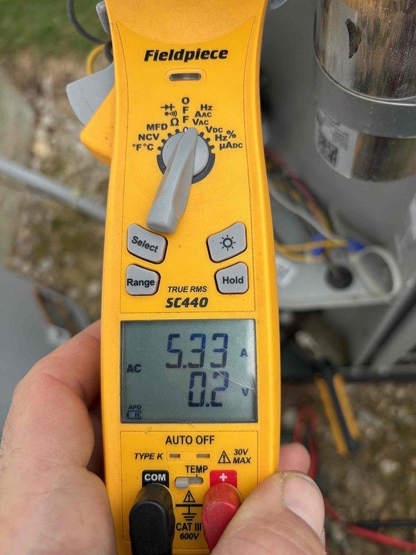 Completed cooling maintenance on air handler unit per membership agreement. Performed comprehensive system diagnostics including electrical measurements, recording 377.5°F temperature reading and 5.33A current draw with 0.2V at compressor. Inspected all electrical connections, tested capacitor performance, and verified proper amperage on all circuits to ensure optimal system operation and energy efficiency.