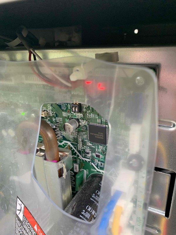 Responded to no heat call on system displaying yellow triangle error code. Upon arrival, inspected outdoor unit and refrigerant line connections, noting deteriorated insulation on copper refrigerant lines near foundation. Diagnosed faulty control board causing system lockout. Removed and replaced defective circuit board with new OEM component. Verified all electrical connections, tested system operation, and confirmed unit returned to normal heating mode with error code cleared. System restored to full functionality.