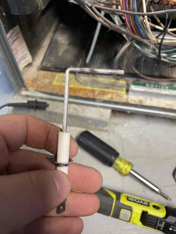 Responded to furnace failure caused by power surge. Upon inspection, found flame sensor damaged and control board affected by electrical surge. Performed diagnostic testing with multimeter to verify electrical issues and confirm system components were not receiving proper signals. Replaced faulty flame sensor and tested all electrical connections throughout the unit. Verified proper voltage readings, confirmed all wire connections were secure, and ensured control board functionality was restored. System tested successfully with furnace cycling properly and maintaining safe operation.