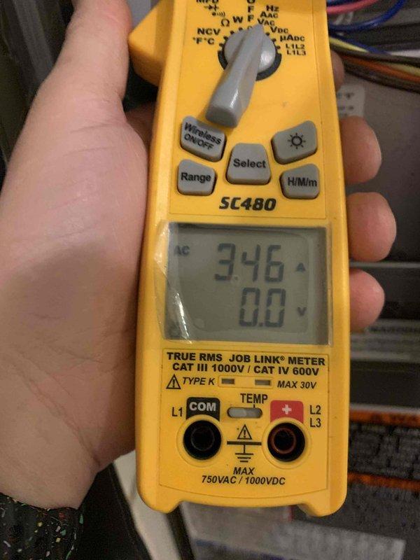 Completed heating maintenance club visit for member. Performed system diagnostics using SC480 True RMS multimeter, recording voltage readings of 346V AC to verify proper electrical supply to heating equipment. Inspected ductwork and documented moderate condensation accumulation on metal surfaces, indicating normal system operation during heating cycle. All electrical parameters within manufacturer specifications and system operating as designed.
