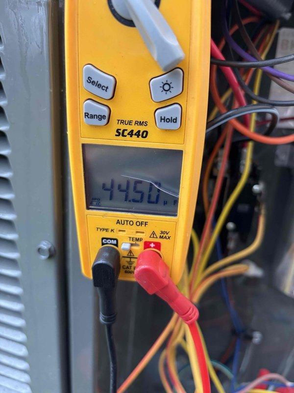 Completed routine cooling maintenance member visit on residential HVAC system. Performed system diagnostics using Fieldpiece SC440 digital multimeter to verify electrical readings and temperature measurements at control wiring and disconnect box, confirming proper voltage levels and system operation within manufacturer specifications.