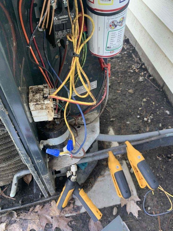 Responded to no cooling complaint on 15-year-old air conditioning system. Upon arrival, performed comprehensive diagnostic evaluation of outdoor condensing unit and electrical control systems. Accessed control panel and inspected internal electrical components, wiring connections, and White-Rodgers control board for proper operation and signs of failure. Checked all wire terminations including power supply connections and low-voltage control circuits.

Evaluated compressor contactor, relays, and capacitor operation. Utilized digital multimeter to test electrical components and verify proper voltage and amperage readings throughout the system. Inspected refrigerant lines and connections for signs of leakage or damage. Connected refrigerant gauges to service ports to assess system pressures and determine refrigerant charge status.

Examined condenser coil condition and noted dirt accumulation consistent with outdoor equipment exposure. Verified proper airflow across coil and checked fan 